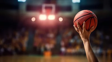 Gardinen Basketball on hand of player shooting basket in gym, Generative AI © khwanchai