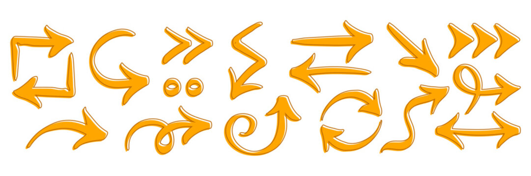 Hand drawn yellow arrow vector icons set.