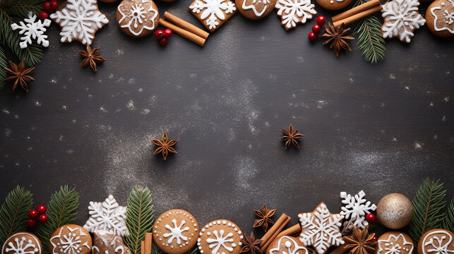 Weihnachtliche dekoration mit Zimtstangen und Pl&auml;tzchen als Druckvorlage und Karten, ai generativ