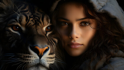 A girl and lion look into the camera 