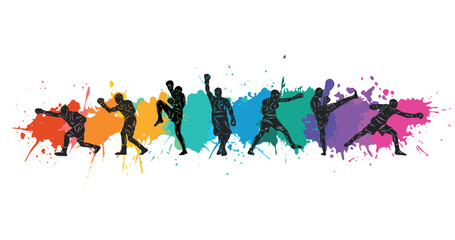 Colorful vector illustration silhouettes of boxers, thai boxers, kickboxers. Unity sports boxing, Thai boxing, kickboxing - obrazy, fototapety, plakaty