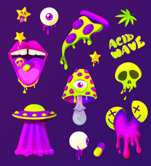 Rave trip collection with psychedelic stickers. Psychedelic acid elements andcharacters. mouth with tongue and UFO, eye, mushrooms, pills, pizza acid backgrounds.