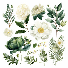 Watercolor floral illustration set. floral collection, floral elements, wedding, posters, painting, nature, white flowers, birthday, Generative Ai 