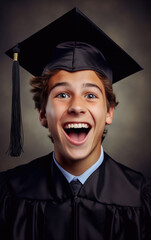 Boy rejoicing after graduating, wearing black tunic and cap on head, his looking is joyful and winner - isolated on background