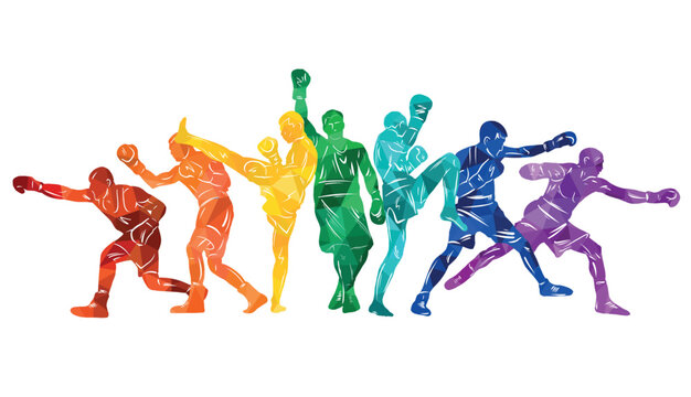 Colorful vector illustration silhouettes of boxers, thai boxers, kickboxers. Unity sports boxing, Thai boxing, kickboxing