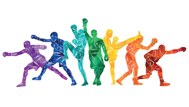 Colorful vector illustration silhouettes of boxers, thai boxers, kickboxers. Unity sports boxing, Thai boxing, kickboxing