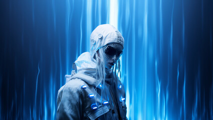 Model Frau in futuristischen Cyber Gothik und blauen LED Lichter im Catwalk, ai generativ