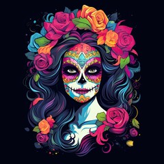 T-shirt design with Calavera Catrina with sugar skull makeup. Dia de los muertos
