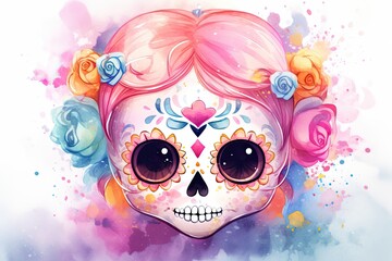 Dia de los Muertos, Day of the Dead, cute Skull personage watercolor colorful illustration