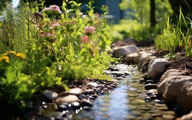 Water flowing through the leaves and flowers in the nature