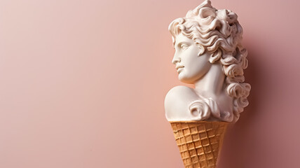 Art sculpture of ancient Italian from marble with an ice cream cone isolated on a pastel background with a copy space 