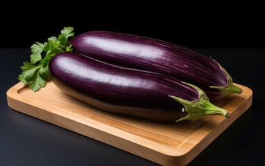 Bright purple eggplants on a wooden board on a black background