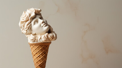 Art sculpture of ancient Italian from marble with an ice cream cone isolated on a pastel background with a copy space 