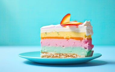 Slice of rainbow cake on a vivid blue background