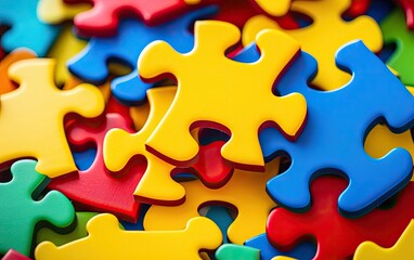 Colorful puzzle pieces scattered on a bright blue background