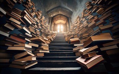 Stack of books forming a staircase, symbolizing the power of knowledge and learning as a pathway to new horizons © AZ Studio