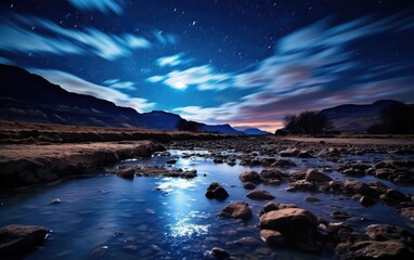 Fototapeta na wymiar A creative long-exposure photograph capturing the movement of clouds or flowing water under a starry sky, creating a dreamlike scene reminiscent of the celestial beauty found in the nebula