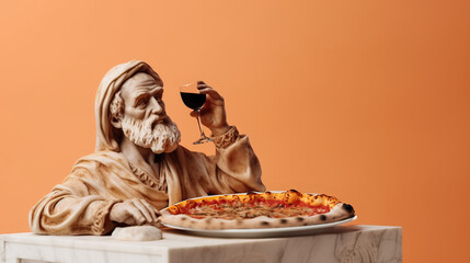 Art sculpture of ancient Italian from marble with pizza and wine isolated on a pastel background with a copy space 