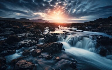 Obraz premium A creative long-exposure photograph capturing the movement of clouds or flowing water under a starry sky, creating a dreamlike scene reminiscent of the celestial beauty found in the nebula