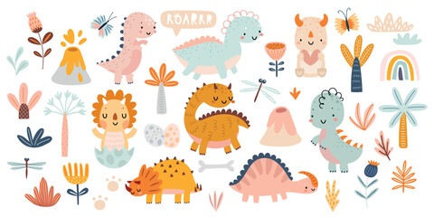 Cute Dino set with trees, plants, and other elements for your design, childish hand drawn dinosaur elements. Nursery