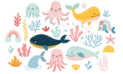 Cute marina life set with fish, whales, seaweed, marina elements for your design, childish hand drawn sea elements.