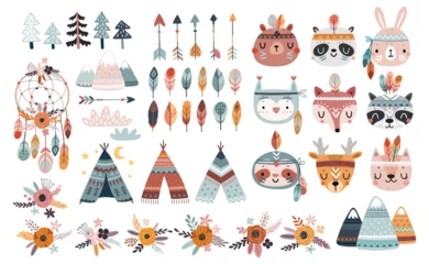 Tuinposter Cute American Indian set with animals - rabbit, deer, cat, fox, bear, panda, raccoon, owl, sloth Childish characters for your design. Vector illustration. © avian