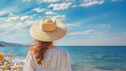 Fototapeta na wymiar young woman in a hat looks beyond the horizon of the blue sky and the ocean on a sunny day. Generative Ai. 