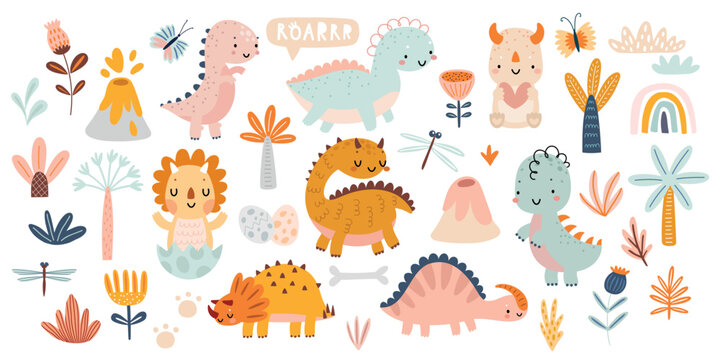 Cute Dino set with trees, plants, and other elements for your design, childish hand drawn dinosaur elements. Nursery © avian