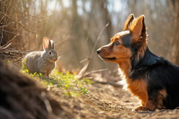 Naklejka na ściany i meble Dog with rabbit in background in forest.