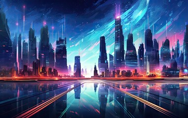 Obraz premium A digital painting of a futuristic cityscape with soaring skyscrapers and sleek, minimalist designs, bathed in vibrant hues and highlighted by neon lights