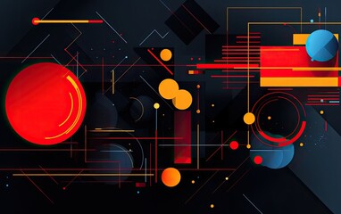 A digital illustration or graphic design featuring geometric shapes and lines in bold and contrasting colors, arranged in a futuristic pattern