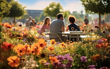 People enjoying a picnic or leisurely stroll in a modern city park surrounded by colorful flower...