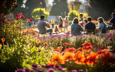 People enjoying a picnic or leisurely stroll in a modern city park surrounded by colorful flower gardens, capturing the joy and relaxation that can be found in nature's beauty - obrazy, fototapety, plakaty