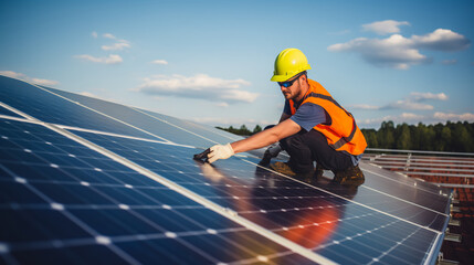 Technician installing solar panels on the roof. - 625994209