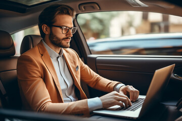 An adult latin business-man is working concentrated with computer without logo in the backseat of a expensive modern car while looking at the screen