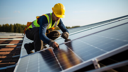 Electrical engineer installing solar panels - 625994255