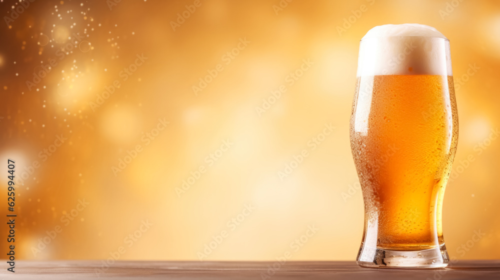 Poster pouring beer with bubble froth in glass for background on front view wave curve shape background wit