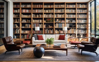 Modern home library with floor-to-ceiling bookshelves, with a curated selection of books categorized by genre or color, complemented by stylish furniture and decor elements