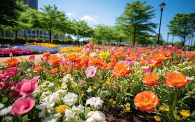 Colorful flower field in the city park