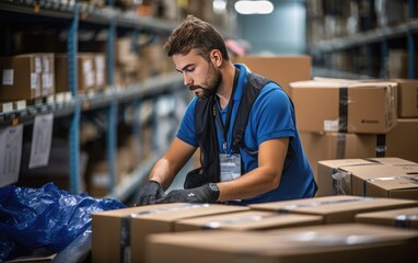 Warehouse worker inspecting and packing products for shipment, surrounded by shelves of boxes and packaging materials