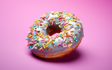 Donut with sprinkles isolated on a pink background