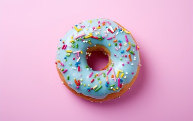 Fototapeta na wymiar Donut with sprinkles isolated on a pink background