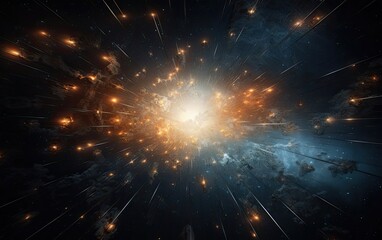 An abstract composition featuring glowing particles and energetic bursts of light against a dark background, suggesting a futuristic and cosmic atmosphere