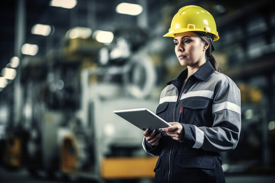 Professional Heavy Industry Engineer Worker Wearing Safety Uniform and Hard Hat Uses Tablet Computer. Serious Successful Female Industrial Specialist Standing in a Metal Manufacture Warehouse. High
