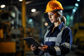 Professional Heavy Industry Engineer Worker Wearing Safety Uniform and Hard Hat Uses Tablet Computer. Serious Successful Female Industrial Specialist Standing in a Metal Manufacture Warehouse. High