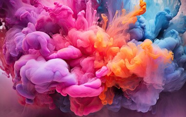 An artistic photograph of colorful smoke or ink swirling in water, creating a mesmerizing abstract pattern that resembles the cosmic clouds of interstellar space