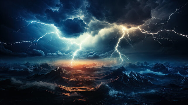 Lightning storm over the ocean photorealisticrealistic background