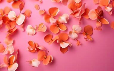 Orange flower petals scattered on a vibrant pink background