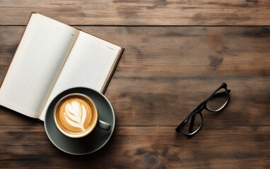 An overhead shot of a stylish wooden table with a single open book, a pair of eyeglasses, and a cup of freshly brewed coffee, creating an inviting and cozy atmosphere for reading and relaxation