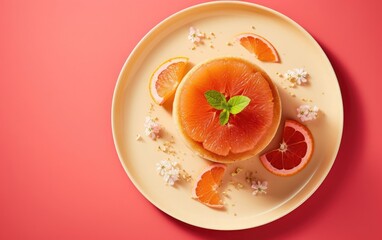 An overhead shot of a grapefruit-infused dessert plate isolated on a vibrant background